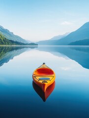 Aufkleber - Lone kayak drifting on a tranquil mountain lake at sunrise reflecting soft colors and surrounded by majestic peaks. Generative AI