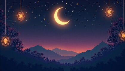 Wall Mural - Ramadan and Eid Al Fitr banner,card,poster, magical Ramadan night scene with a radiant crescent moon