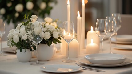 Poster - Festive dining table set with elegant tableware, glowing candles, and fresh flowers for a joyful gathering. Generative AI