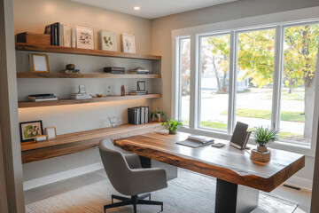 Wall Mural - Chic home office with modern wooden desk and bright natural light