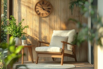 Wall Mural - Cozy reading nook with wooden lounge chair and minimalist decor