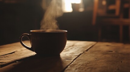 Poster - Warm coffee cup with rising steam on rustic wooden table in cozy atmosphere during early morning hours. Generative AI