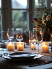 Poster - Elegant festive dining table adorned with glowing candles and fresh flowers for a special gathering. Generative AI