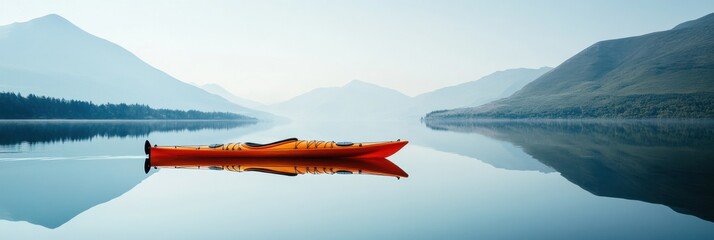 Aufkleber - Lone kayak glides silently on a calm mountain lake surrounded by misty peaks at dawn. Generative AI