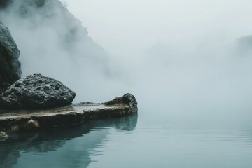 Poster - Serene hot spring surrounded by rocky edges and rising steam in a tranquil environment at dusk. Generative AI