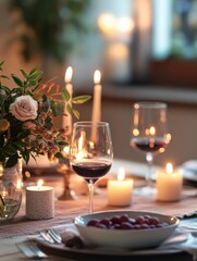 Poster - Elegant festive dining table beautifully set with candles and fresh flowers, perfect for creating a warm atmosphere for gatherings. Generative AI