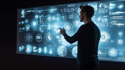 Man Interacting with a Futuristic Holographic Data Interface