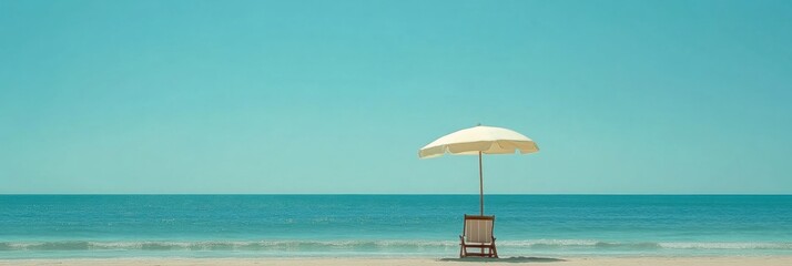 Poster - Relaxing on a quiet beach with a lounge chair and umbrella overlooking calm ocean waves and a clear blue sky. Generative AI