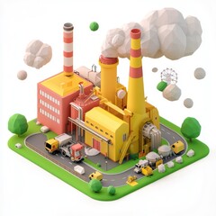 Wall Mural - A vibrant, stylized factory scene with tall smokestacks, colorful buildings, and vehicles, surrounded by clouds and greenery.