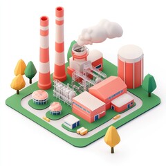 Wall Mural - A colorful, isometric illustration of an industrial factory with smokestacks, storage tanks, and trees, showcasing a modern manufacturing environment.