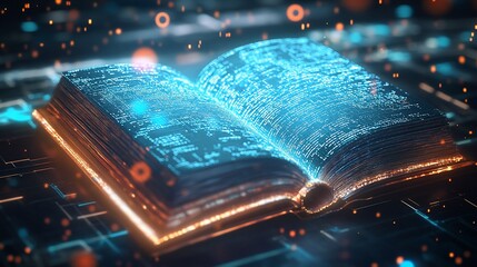 A glowing open book with digital code on its pages, surrounded by sparkling lights