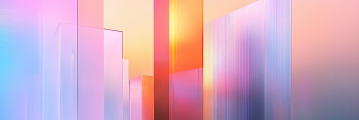 Poster - Futuristic cityscape with tall skyscrapers reflecting vibrant colors at sunset. Generative AI