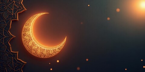 Wall Mural - Ramadan and Eid Al Fitr banner,card,poster, Ramadan Crescent Moon with Islamic calligraphy and pattern in background with copy space