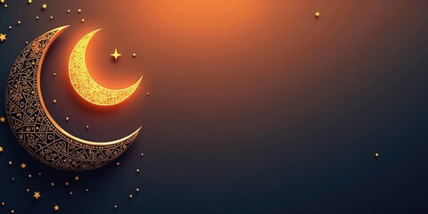 Wall Mural - Ramadan and Eid Al Fitr banner,card,poster, Ramadan Crescent Moon with Islamic calligraphy and pattern in background with copy space