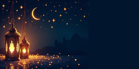 Wall Mural - Ramadan and Eid Al Fitr banner,card,poster, Ramadan Kareem night navy blue design with Lanterns in background with copy space