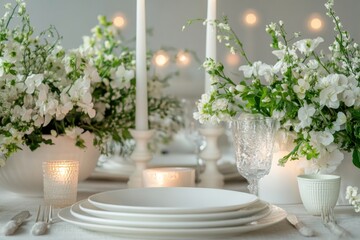 Poster - A festive dining table with elegant tableware, glowing candles, and fresh flowers sets a warm, inviting atmosphere for celebration