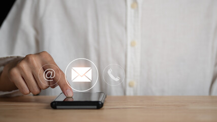 Communication concept with email, message box and contacts icons ,e-mail marketing ,customer support ,Counseling and support hotline ,Connection with modern network technology ,contact us
