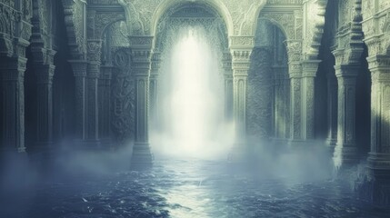 Wall Mural - Enchanting Waterfall Cascading Through Mystical Arched Structure