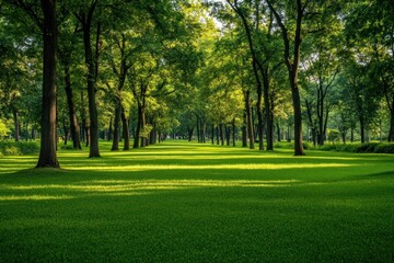 Serene park landscape with lush green grass and tall trees, inviting peaceful strolls and outdoor relaxation