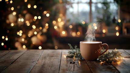 Poster - Warm coffee cup with steam on rustic wooden table during cozy winter evening with festive lights in the background. Generative AI
