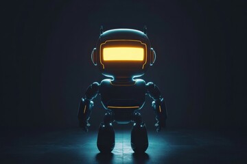 Wall Mural - Glowing humanoid robot stands confidently in a dark minimalist space highlighting futuristic design elements. Generative AI