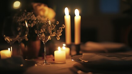 Poster - Elegant festive dining table adorned with candles and fresh flowers for a cozy evening gathering. Generative AI