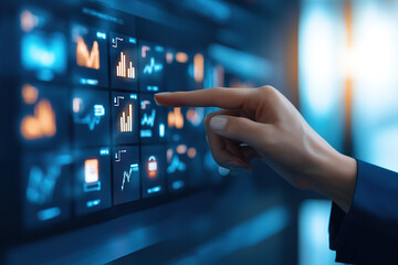 Wall Mural - hand interacts with digital interface displaying various data visualizations and graphs, highlightin