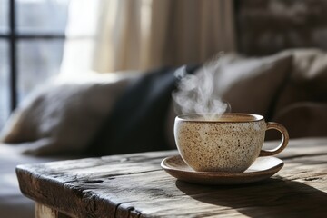 Warm coffee cup with rising steam on rustic wooden table in cozy indoor setting during morning hours. Generative AI