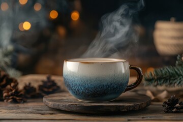 Poster - Warm coffee cup with steam rises peacefully on rustic wooden table amid cozy ambiance. Generative AI