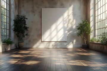 Canvas Print - Bright, minimalistic art studio with empty canvas, sunlight streaming through large windows