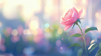 Wall Mural - a fresh single rose with a long green stem, beautifully lit, and placed against a soft-focus backgro
