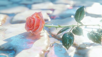 Wall Mural - a fresh single rose with a long green stem, beautifully lit, and placed against a soft-focus backgro