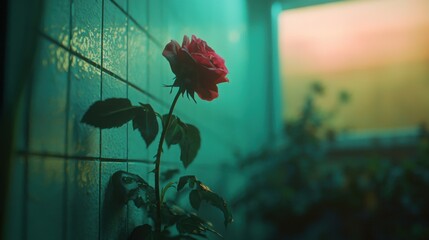 Wall Mural - a fresh single rose with a long green stem, beautifully lit, and placed against a soft-focus backgro