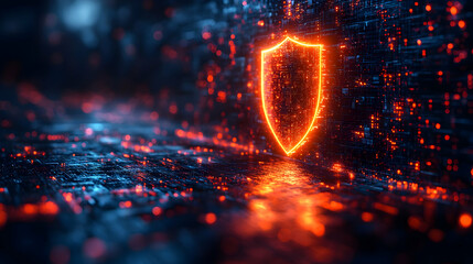 Wall Mural - futuristic digital shield glowing amidst a cyber landscape with vibrant lights