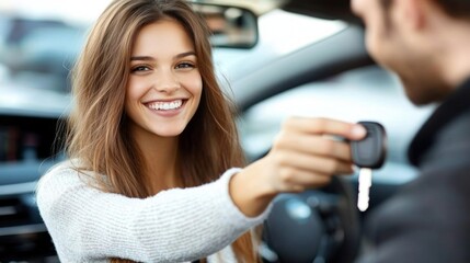 Wall Mural - Woman receiving keys of her new car from dealer 