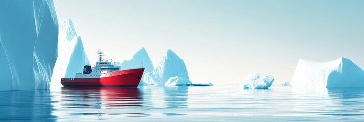 Fototapete - Ship navigating through icy waters amid towering icebergs in a serene polar landscape during daylight. Generative AI