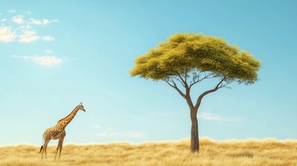 Aufkleber - Lone acacia tree stands tall in the African savanna with giraffes grazing in the distance under a clear blue sky. Generative AI