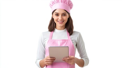 Wall Mural - isolated photo showing shop worker holding mobile ipad, though their pastel uniforms do not indicate any company affiliation. white solid background 