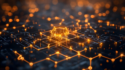 Wall Mural - abstract digital network with glowing orange connections and shapes