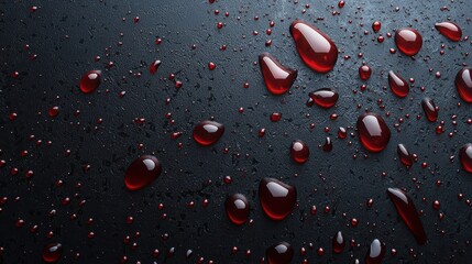 Dark surface with scattered red droplets, resembling liquid. The texture and color create a striking contrast and an intense visual impact.