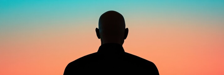 Fototapete - Silhouette of a bald person against a colorful sunset sky in a calm outdoor setting during twilight hours. Generative AI