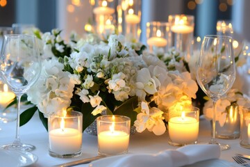 Poster - Elegant festive dining table setting with candles and fresh flowers creates a warm atmosphere for gathering. Generative AI