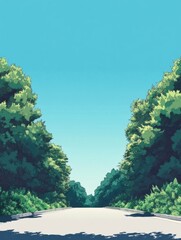 Fototapete - Road leads into a serene forest with vibrant greenery under a clear blue sky. Generative AI