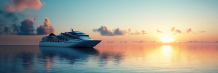 Poster - Cruise ship anchored peacefully in calm waters during a vibrant sunset at sea. Generative AI