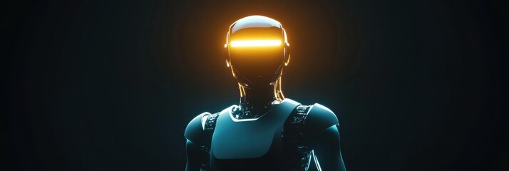 Leinwandbilder - Glowing humanoid robot stands in dark space with illuminated head feature and minimalist design. Generative AI