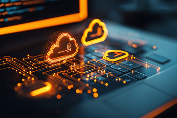 Wall Mural - glowing digital cloud icon hovers over laptop keyboard, symbolizing data storage and digital transfo