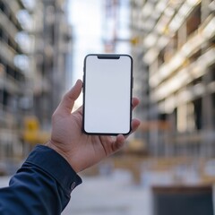 construction site smartphone mockup: a worker displays a blank screen phone against a blurred backgr