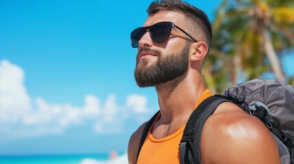 Wall Mural - Athletic man with backpack in tropical setting. Perfect for adventure travel, fitness lifestyle, and outdoor exploration.