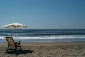 Fototapete - Relaxing beach retreat with lounge chair and umbrella overlooking calm waves under clear blue sky. Generative AI