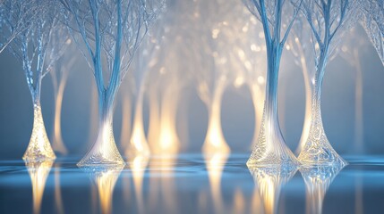 Poster - Glowing reflections in an abstract glass forest showcasing unique tree shapes at dusk. Generative AI